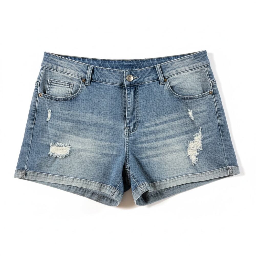 Women's Distressed Denim Shorts XL‎ Light Wash Rolled Cuff Stretch Jean Shorts